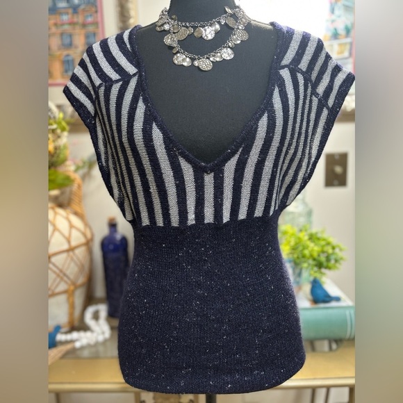 LUX URBAN OUTFITTERS BLUE & WHITE STRIPE V-NECK METALLIC KNIT SWEATER VEST SZ M - Picture 3 of 11